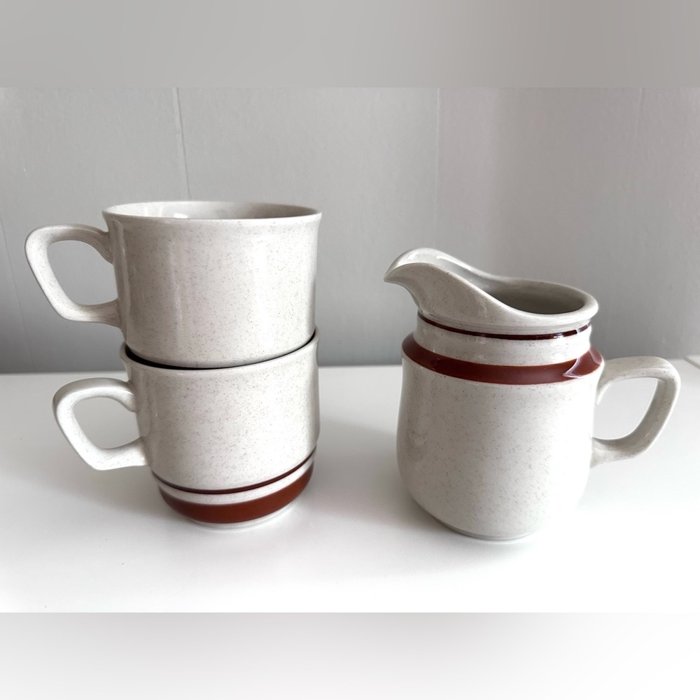 Speckled Ceramic Vintage Creamer and Mug Set in Cream with Brown Trim